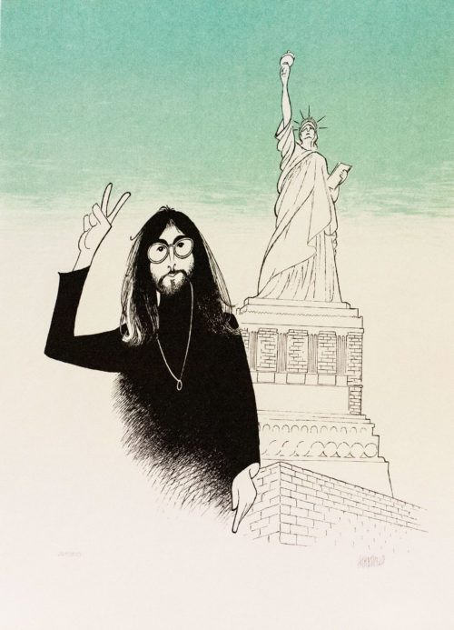 Al Hirschfeld master of line new yorker cartoon celebrity art John Lennon peace sign statue of liberty