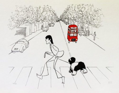 Al Hirschfeld master of line new yorker cartoon celebrity art Paul McCartney Abbey Road sheep dog double decker bus London