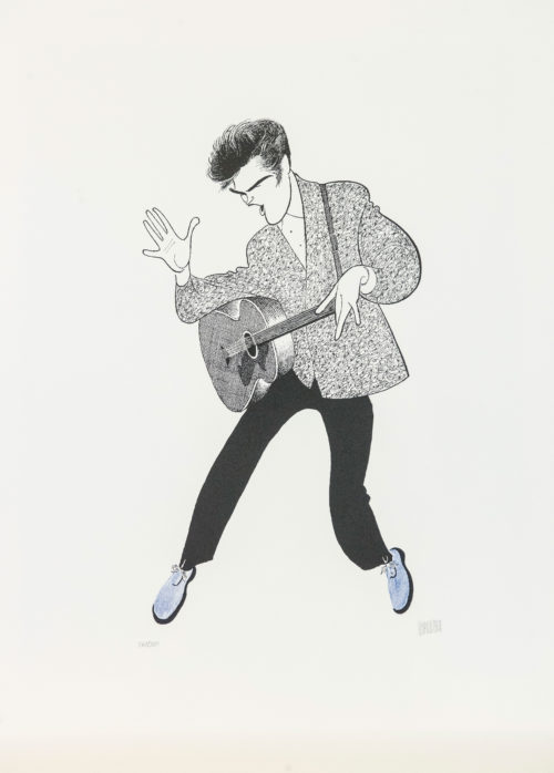 Al Hirschfeld master of line new yorker cartoon celebrity art Elvis Presley The King Rock and Roll guitar blue suede shoes