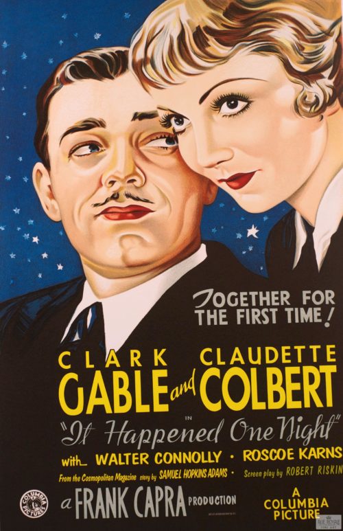 Frank Capra Columbia Pictures Clark Gable Claudette Colbert It Happened One Night classic movie poster vintage movie poster fine art lithograph one-sheet golden age of film