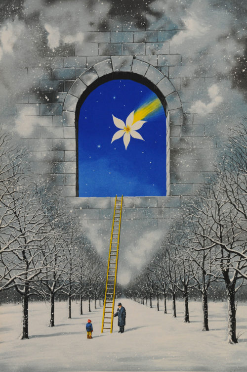 Rafal Olbinski Polish Poster surrealist surrealism dreamscape snow ladder trees window