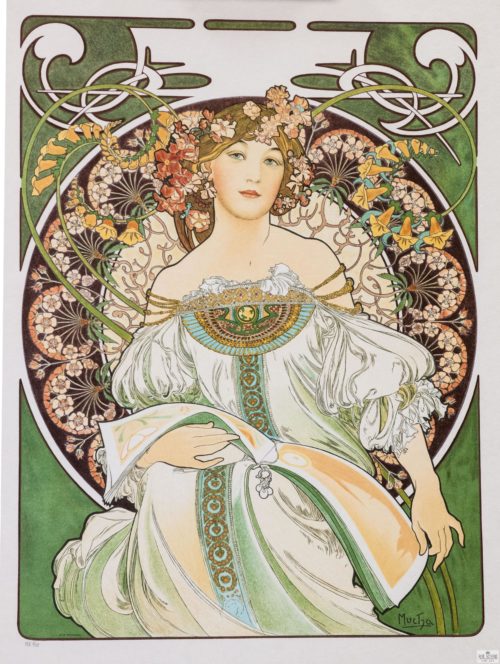 mucha calendar bland champenois girl bohemian dress flower garland